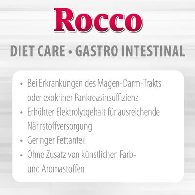 Rocco Diet Care Gastro Intestinal: pentru afecțiuni ale tractului gastro-intestinal, conținut ridicat de electroliți, conținut redus de grăsimi, fără coloranți și arome artificiale.