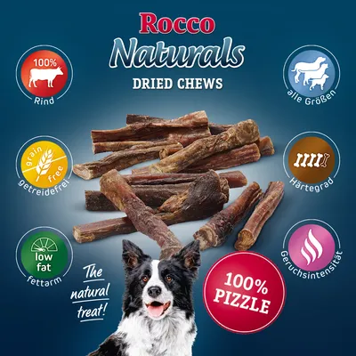 Rocco Naturals gedroogde kauwsnack, 100% runderpenis, graanvrij, vetarm, geschikt voor alle maten, hardheid en geursterkte vermeld. Natuurlijke snack voor honden.