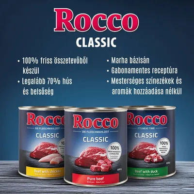Rocco Classic konzerv kutyaeledel. 100% friss összetevő, legalább 70% hús és belsőség, marha bázis, gabonamentes, mesterséges színezékek és aromák nélkül. Három íz: csirke, marha, kacsa.