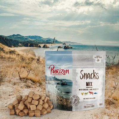 Purizon Snacks Mix kanaa, lammasta, nautaa, kalaa. 100 % lihaa, kalaa & maksaa. Aikuisille koirille. 100 g. Hellävaraisesti pakastekuivattu.