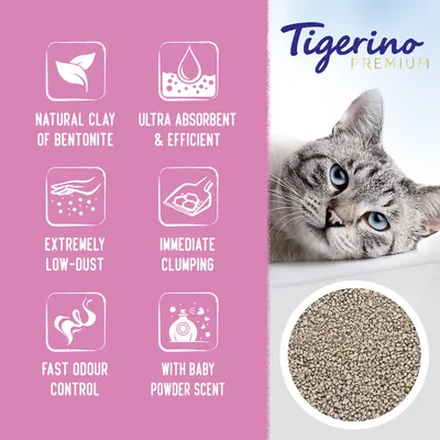 Tigerino Premium. Natural clay of bentonite, ultra absorbent & efficient, extremely low-dust, immediate clumping, fast odour control, with baby powder scent. Image of cat and litter granules.