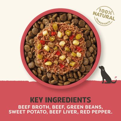 100 % luonnolliset ainesosat. Pääainesosat: naudanliemi, naudanliha, vihreät pavut, bataatti, naudanmaksaa, punainen paprika.
