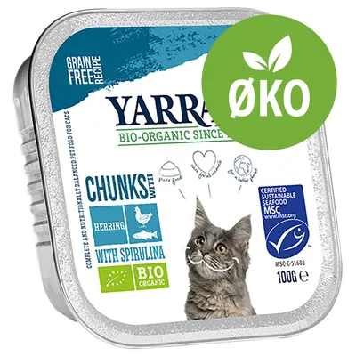 Yarrah BIO-ORGANIC SINCE 1992, CHUNKS WITH HERRING WITH SPIRULINA, BIO ORGANIC, ØKO, MSC-certificeret, 100 g kattemad. Grain free recipe.
