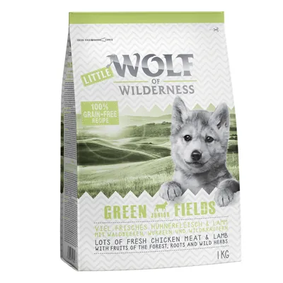 Sac de croquettes Wolf of Wilderness Little, 100% grain-free recipe, Green Fields Junior, lots of fresh chicken meat & lamb with fruits of the forest, roots and wild herbs, 1 kg.