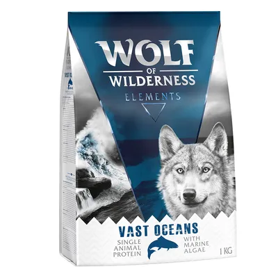 Wolf of Wilderness Elements Vast Oceans, Single Animal Protein with Marine Algae, 1 kg. Viditeľné logo vlka a oceánu na obale krmiva.