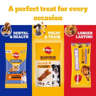 Pedigree Dentastix Dental & Health, Ranchos Fillets Treat & Train med kycklingbröst, Jumbone Longer Lasting med lamm. Tre olika snacksvarianter för olika tillfällen.
