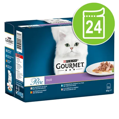Опаковка Purina Gourmet Perle Duo, 12 x 85 г паучове за котки. Зелен символ с брой 24 в горния десен ъгъл.