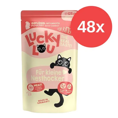 Lucky Lou Geflügel mit Karotte für Kitten, Für kleine Nesthocker, Made in Germany, 48x125g, über 96% Fleischanteil, getreidefrei, ohne Zuckerzusatz.