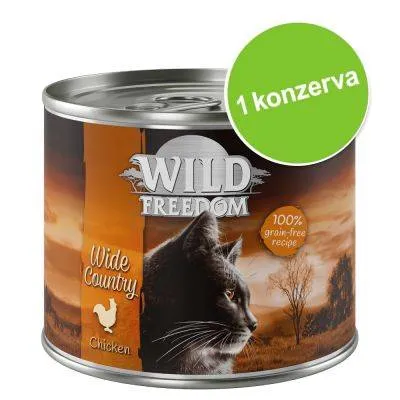 Konzerva Wild Freedom Wide Country Chicken, 100% grain-free recipe, 1 konzerva. Na obalu je vyobrazená kočka a krajina při západu slunce.