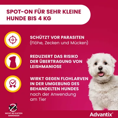Spot-On für sehr kleine Hunde bis 4 kg. Schützt vor Parasiten, reduziert das Risiko der Übertragung von Leishmaniose, wirkt gegen Flohlarven. Nicht bei Katzen anwenden. Advantix.