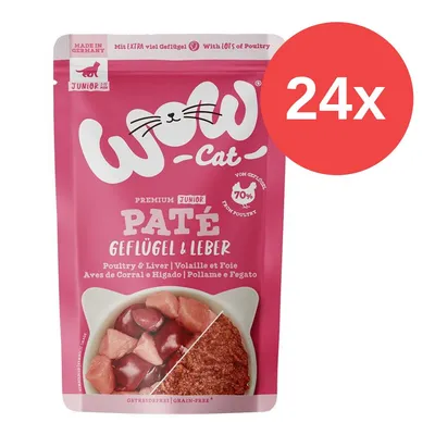 WOW Cat Premium Junior Paté Geflügel & Leber, Made in Germany, 70% vom Geflügel, getreidefrei. Packung mit 24 Stück.