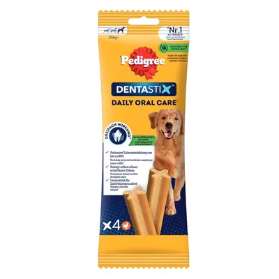 Pedigree Dentastix Daily Oral Care pentru câini peste 25 kg, reduce formarea tartrului cu până la 80%, curăță dinții greu accesibili, susține sănătatea dentară. Pachet cu 4 bucăți.