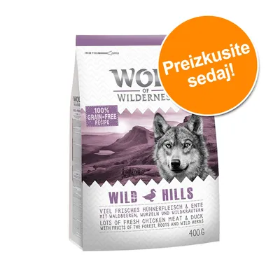 Wolf of Wilderness Wild Hills, 100 % grain-free recipe, sveže piščančje in račje meso, gozdni sadeži, korenine in divja zelišča, 400 g. Preizkusite sedaj!