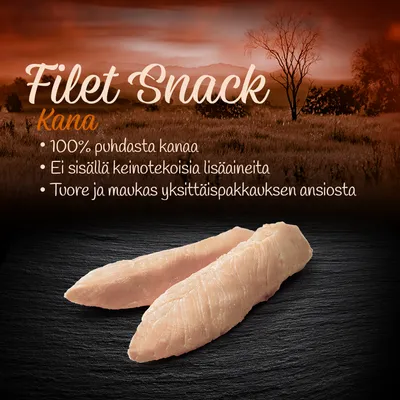 Filet Snack Kana: 100 % puhdasta kanaa, ei sisällä keinotekoisia lisäaineita, tuore ja maukas yksittäispakkauksen ansiosta