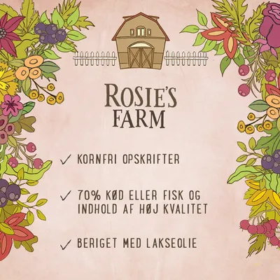 Rosie's Farm. Kornfri opskrifter. 70 % kød eller fisk og indhold af høj kvalitet. Beriget med lakseolie.