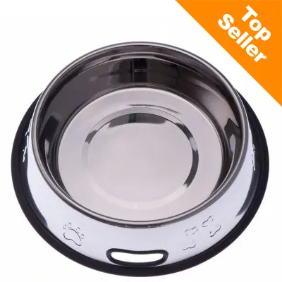 Ruostumattomasta teräksestä valmistettu lemmikin ruokakuppi, reunassa tassukuvioita ja musta liukueste. Kulmassa oranssi merkintä: Top Seller.
