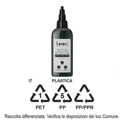 kooa Sensitive Tear Stain Remover Zinc & Aloe Vera, Eyebright. Vegan, no animal testing, natural ingredients. Simboli riciclo plastica PET 1, PP 5, PP/PPR. Raccolta differenziata.