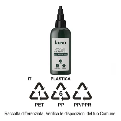 kooa Sensitive Tear Stain Remover Zinc & Aloe Vera, Eyebright. Vegan, no animal testing, natural ingredients. Simboli riciclo plastica PET 1, PP 5, PP/PPR. Raccolta differenziata.