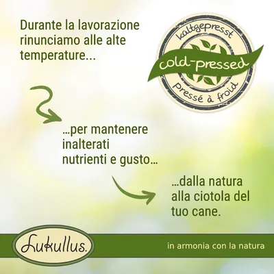 Durante la lavorazione rinunciamo alle alte temperature per mantenere inalterati nutrienti e gusto, dalla natura alla ciotola del tuo cane. Lukullus cold-pressed.