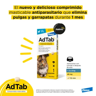 AdTab comprimidos masticables antiparasitarios para gatos de 2 a 8 kg, elimina pulgas y garrapatas durante 1 mes. Administrar con comida o después. Caja de 1 comprimido, 48 mg, Elanco.