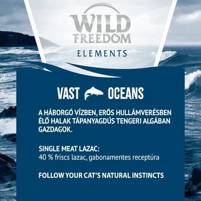 Wild Freedom Elements Vast Oceans. A háborgó vízben, erős hullámverésben élő halak tápanyagdús tengeri algában gazdagok. Single Meat Lazac: 40 % friss lazac, gabonamentes receptúra.