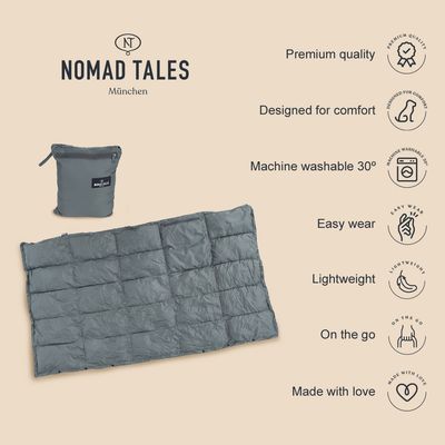 Hund ligger på en grå, hopfällbar filt eller sovsäck. Produkten visar användningsområden för husdjur.