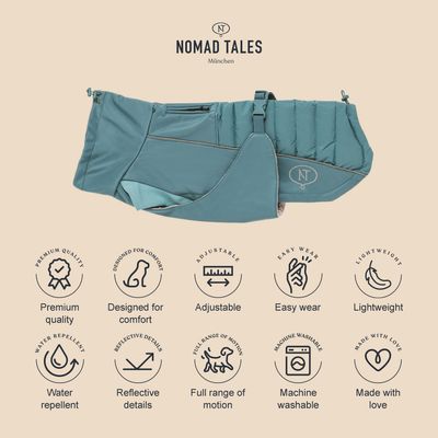 Nomad Tales München płaszcz dla psa. Cechy: najwyższa jakość, komfortowy design, regulowany, łatwy do założenia, wodoodporny, elementy odblaskowe, pełna swoboda ruchu, można prać w pralce, wykonany z miłością.