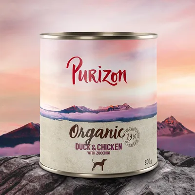Lattina Purizon Organic Duck & Chicken with Zucchini, 800 g, 13% high-quality meat & offal. Testo in inglese sull'etichetta. Immagine di cane stilizzato sulla confezione. Lattina Purizon Organic Duck & Chicken with Zucchini, 800 g, 13% high-quality meat & offal. Testo in inglese sull'etichetta. Immagine di cane stilizzato sulla confezione.