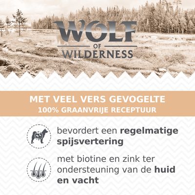 Wolf of Wilderness. Met veel vers gevogelte, 100% graanvrije receptuur. Bevordert een regelmatige spijsvertering, met biotine en zink ter ondersteuning van de huid en vacht.