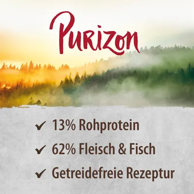 Purizon. 13% Rohprotein, 62% Fleisch & Fisch, Getreidefreie Rezeptur.