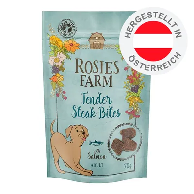 Rosie's Farm Tender Steak Bites with Salmon, Adult, 70g, Grain-Free Recipe. Hergestellt in Österreich. Rosie's Farm Tender Steak Bites with Salmon, Adult, 70g, Grain-Free Recipe. Hergestellt in Österreich.