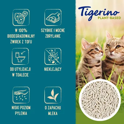 Tigerino Plant-Based. W 100% biodegradowalny żwirek z tofu, szybkie i mocne zbrylanie, do utylizacji w toalecie, nieklejący, niski poziom pylenia, o zapachu mleka.