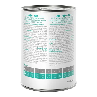 Lattina con la scritta "Frisches Rentier mit Waldbeeren, Wurzeln und Wildkräutern, 100% getreidefreie Rezeptur". Consigli di alimentazione per cani: 1-5kg, 200-670g al giorno.
