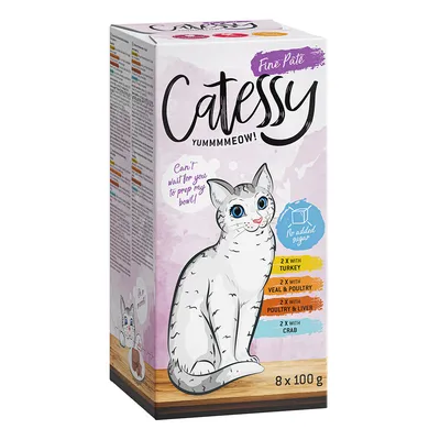 Catessy Fine Pâté, ohne Zuckerzusatz, Sorten: 2x Truthahn, 2x Kalb & Geflügel, 2x Geflügel & Leber, 2x Krabbe. Packung mit 8x100g.
