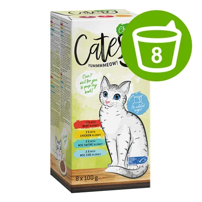 Catesy Yummmeow! Nassfutter für Katzen, 8 x 100 g. Sorten: Rind, Huhn, Köhler, Kabeljau in Soße. Ohne Zuckerzusatz. MSC-zertifiziert.