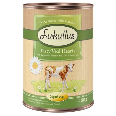 Lukullus Tasty Veal Hearts, with Tagliatelle, Tomato, Basil and Safflower Oil, Spring, 400 g. Dåse med billede af kalv og blomst. Tekst på engelsk og tysk synlig.