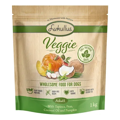 Lukullus Veggie teljes értékű eledel kutyáknak, felnőtt, 1kg. Összetevők: tápióka, borsó, kókuszolaj, sütőtök. Növényi fehérjék, gabonamentes, taurinnal, kókuszolajjal.