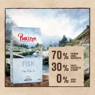 Purizon Fish for adult cats, 70% animal ingredients, 30% fruit, vegetables and herbs, 0% added grain. Pack size: 6.5 kg.