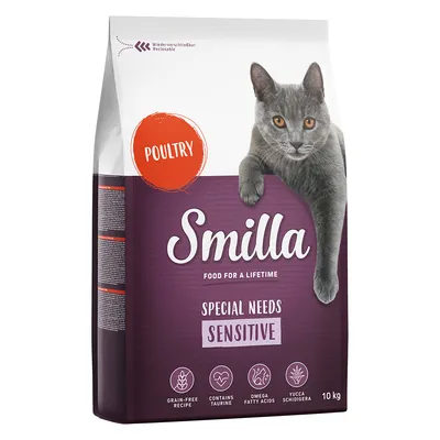 Smilla Special Needs Sensitive torrfoder för katt, 10 kg. Text på förpackningen: Poultry, Food for a lifetime, Grain-free recipe, Contains taurine, Omega fatty acids, Yucca schidigera.