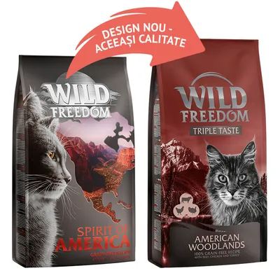 Pungi hrană pentru pisici Wild Freedom: Spirit of America, rețetă fără cereale cu pui, vită, curcan și Triple Taste American Woodlands, 100% fără cereale. Design nou – aceeași calitate.