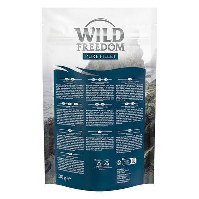 Obal Wild Freedom Pure Fillet, 100 g. Viditelný text ve více jazycích, recyklační symboly, složení a informace o produktu na zadní straně obalu.