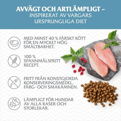 Avvägt och artlämpligt – inspirerat av vargars ursprungliga diet. Minst 40 % färskt kött, 100 % spannmålsfritt, fritt från konstgjorda tillsatser, för hundar av alla raser och storlekar.