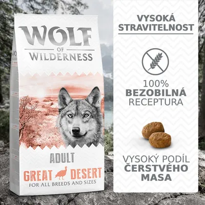 Wolf of Wilderness ADULT GREAT DESERT pro všechna plemena, vysoká stravitelnost, 100% bezobilná receptura, vysoký podíl čerstvého masa