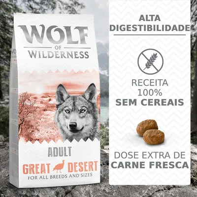 Wolf of Wilderness Great Desert Adult. Alta digestibilidade, receita 100% sem cereais, dose extra de carne fresca. Para todas as raças e tamanhos.