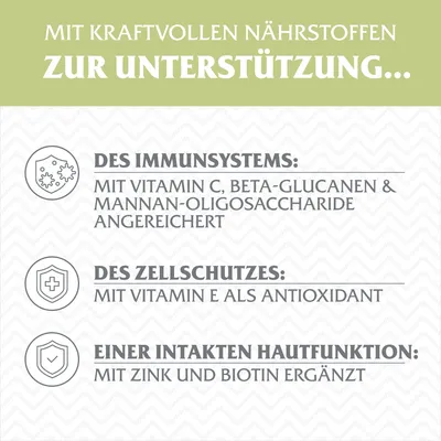 Mit kraftvollen Nährstoffen zur Unterstützung: Immunsystem mit Vitamin C, Beta-Glucanen, Zellschutz mit Vitamin E, Hautfunktion mit Zink und Biotin.