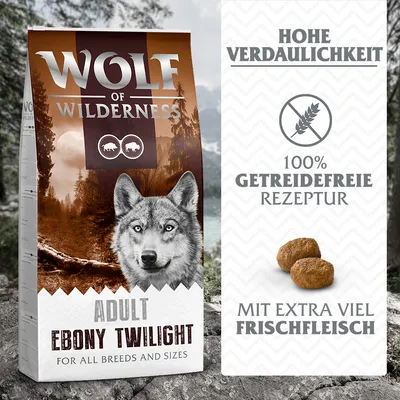 Wolf of Wilderness Adult Ebony Twilight. Hohe Verdaulichkeit, 100% getreidefreie Rezeptur, mit extra viel Frischfleisch. Für alle Rassen und Größen.