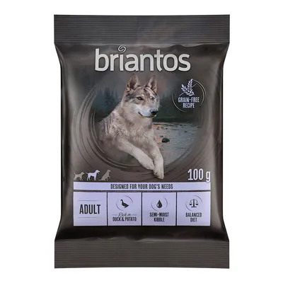 Briantos Adult Hundefutter, 100 g, getreidefreie Rezeptur, reich an Ente und Kartoffel, halbfeuchte Kroketten, ausgewogene Ernährung.