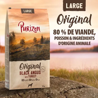 Purizon Original Black Angus with Turkey, sac 12 kg, LARGE. 80 % de viande, poisson et ingrédients d'origine animale. Texte visible : 80 %, 20 %, 0 %. Purizon Original Black Angus with Turkey, sac 12 kg, LARGE. 80 % de viande, poisson et ingrédients d'origine animale. Texte visible : 80 %, 20 %, 0 %.
