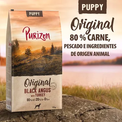 Purizon Puppy Original Black Angus with Turkey, 80 % carne, pescado e ingredientes de origen animal. Saco de 12 kg visible en la imagen.