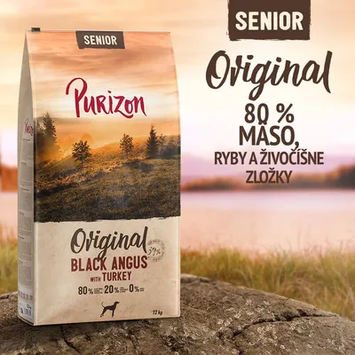 Purizon Senior Original Black Angus with Turkey, 12 kg. 80 % mäso, ryby a živočíšne zložky. 20 % zelenina, ovocie, bylinky. 0 % obilniny. Balenie s krajinou v pozadí. Purizon Senior Original Black Angus with Turkey, 12 kg. 80 % mäso, ryby a živočíšne zložky. 20 % zelenina, ovocie, bylinky. 0 % obilniny. Balenie s krajinou v pozadí.